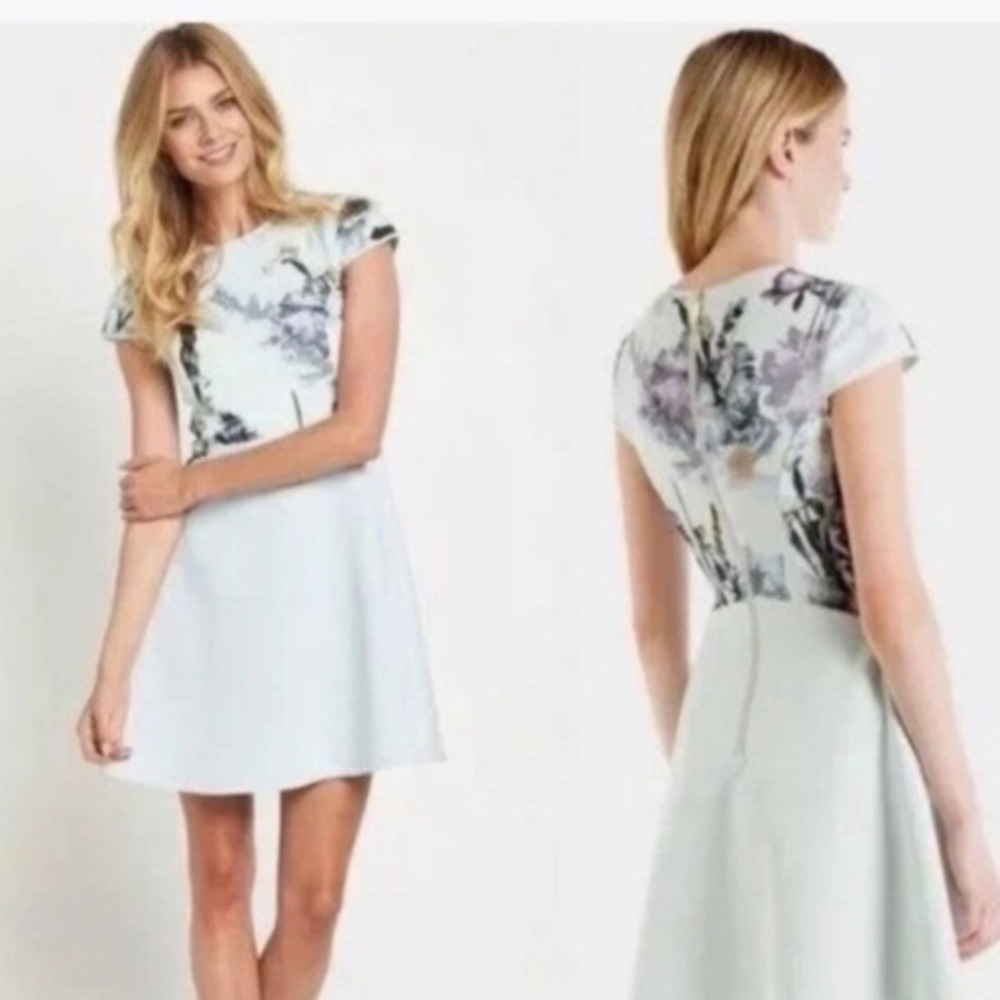 Ted Baker London‎ Blue Floral Fit & Flare Skater Dress Size 0 Cap Sleeve